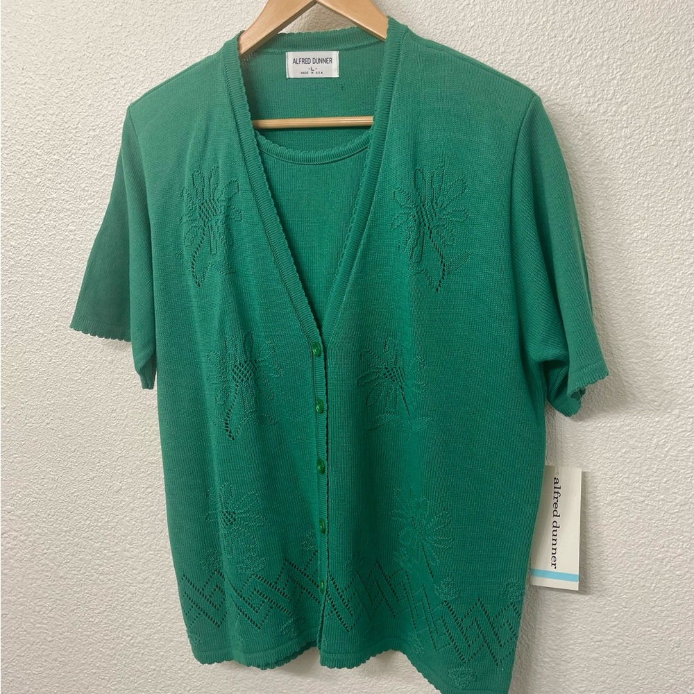 NWT Alfred Dunner Emerald Green Twinset with Tone on Tone Floral Design